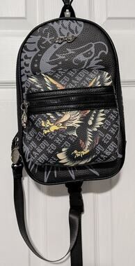NWT Ed Hardy Eagle Tattoo Monogram Sling Bag Crossbody Backpack Black Y2K